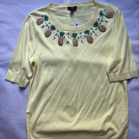 Talbots‎ Sequins Cotton Pineapple Beaded Hawaii Sweater Summer Jeweled Top Shirt - Picture 3 of 7